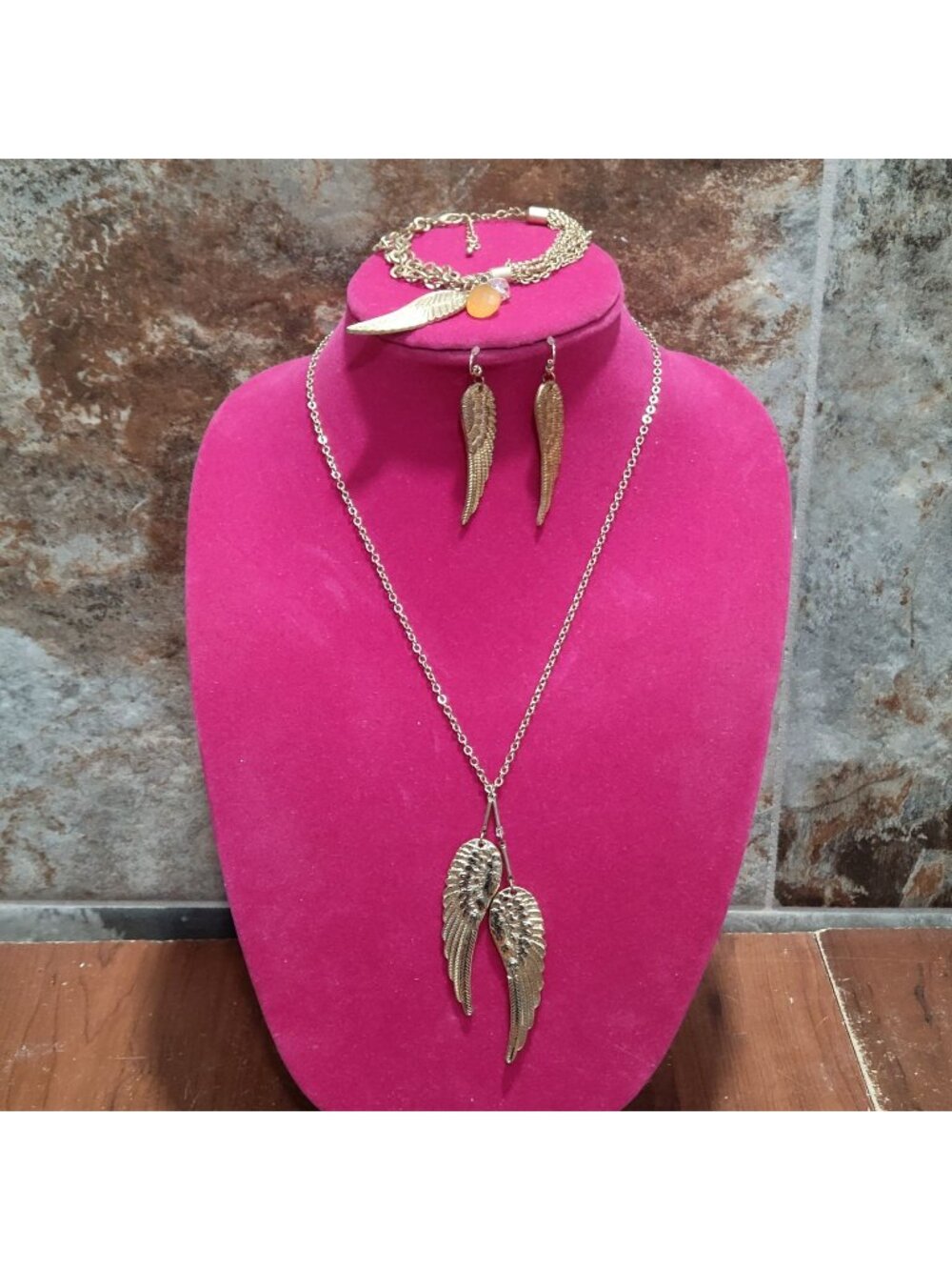 Gold Toned Angel Wings Jewelry Set Necklace Bracelet Dangle Earrings